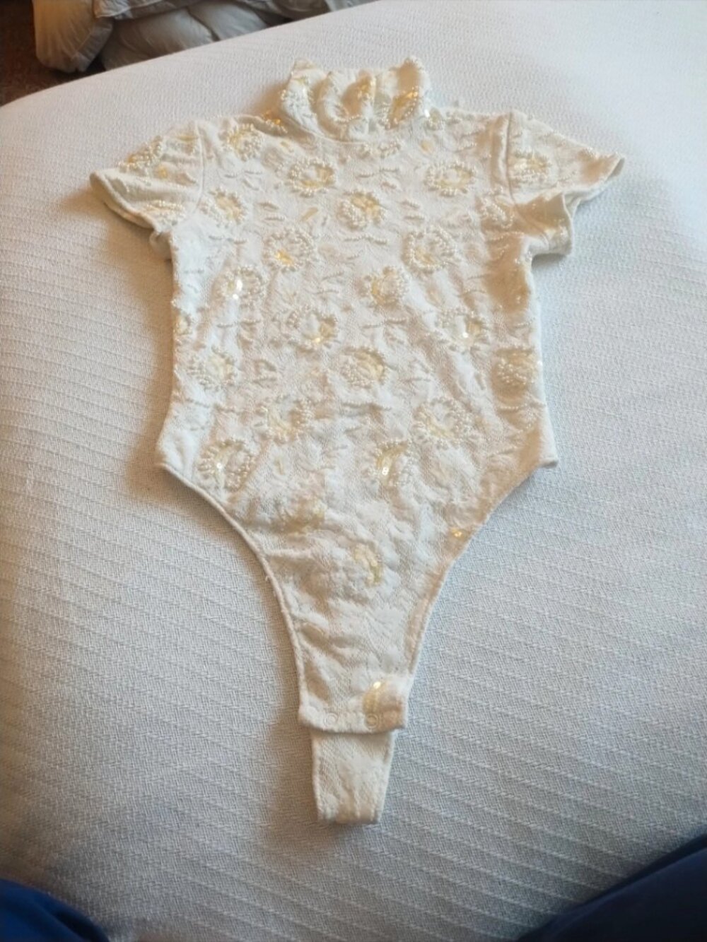 Vintage sexy teddy bodysuit thong high leg faux pearl embellishments sequin